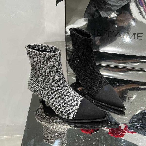 

small fragrant pointed short women's autumn and winter 2022 french thin heel slim suede nude chelsea fashion boots, Black