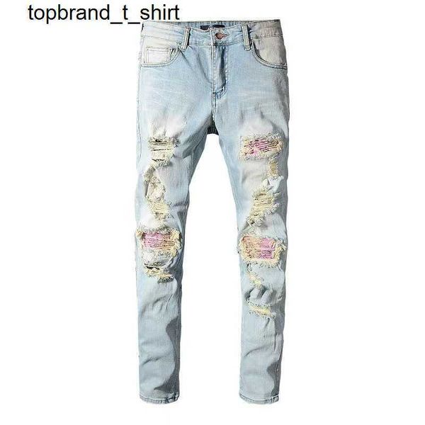 

men's jeans designer amirs pierced slim denim pants leggings fashion streetwear pants, Blue