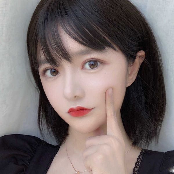 

hair lace wigs bobo short straight hair qi bangs lovely round face wig female ffy natural head cover, Black