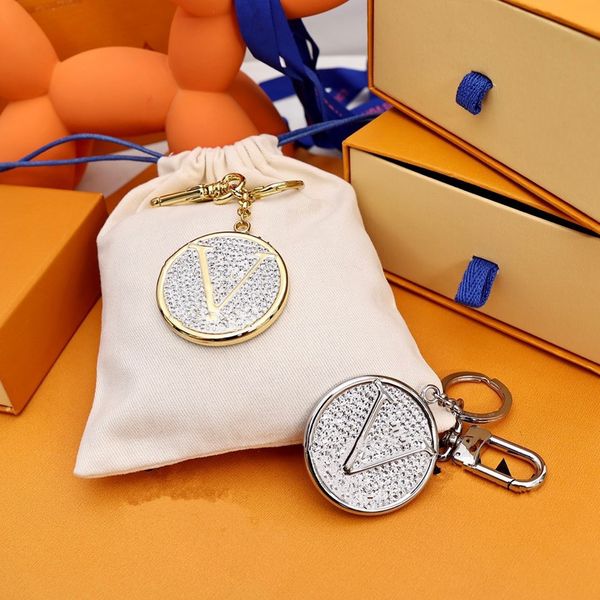 

with box brand designer diamond circle keychains accessories design key rings alloy metal car keychains gold silver keychain