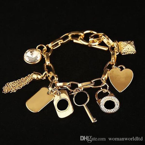 

2019 alloy key bracelets with love heart gem 925 sterling silver or gold plated pendants charm bracelets bangle jewelry for me238k, Golden;silver