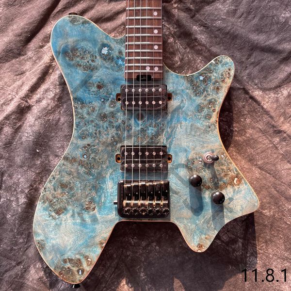 

headless electric guitar 6 strings travele or 24 fret guitar ash body with blue burl flamed maple veneer neck rosewood fingerboard