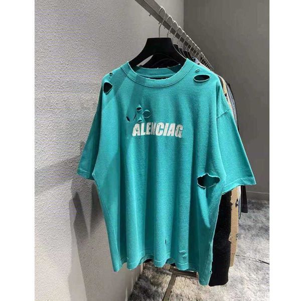 

fashion brand designer t shirt letter perforated short sleeve loose casual men's clothing blue balanciagas, White;black