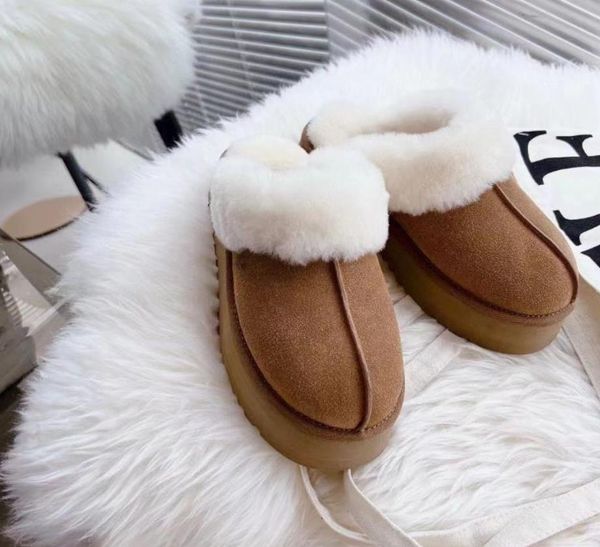 

australia new pattern mini platform boots designer woman thick bottom ankle warm fur snow boot australian fluffy fuzz mule tazz slippers, Black