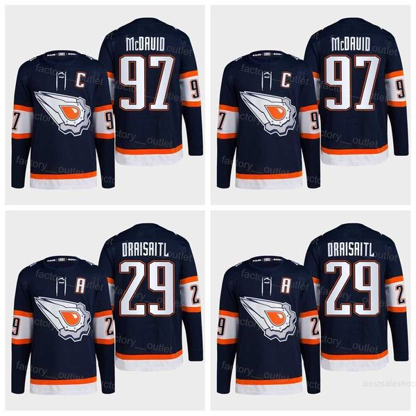 

edmonton hockey oilers blank 29 leon draisaitl jersey 97 connor mcdavid 2023 reverse retro 2.0 embroidery and sewing team color navy blue wh, Black;red