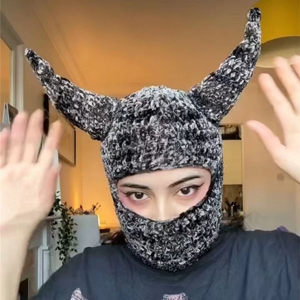 

christmas new hats cow horn hand crocheted chenille wool thickened thermal mask cap wholesale zd110, White