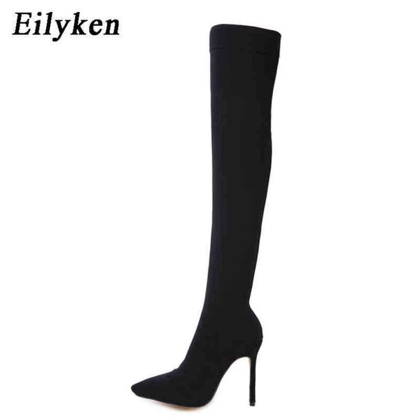 

boots eilyken fashion woman stretch fabric sock boots over the knee heel thigh high pointed toe female booties size 35 42 220913, Black