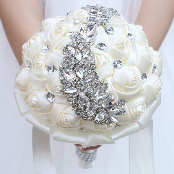 

artificial satin wedding flowers bridal bouquet hand made flower rhinestone crystal beaded bridesmaid bride weddings bouquet de mariage cust