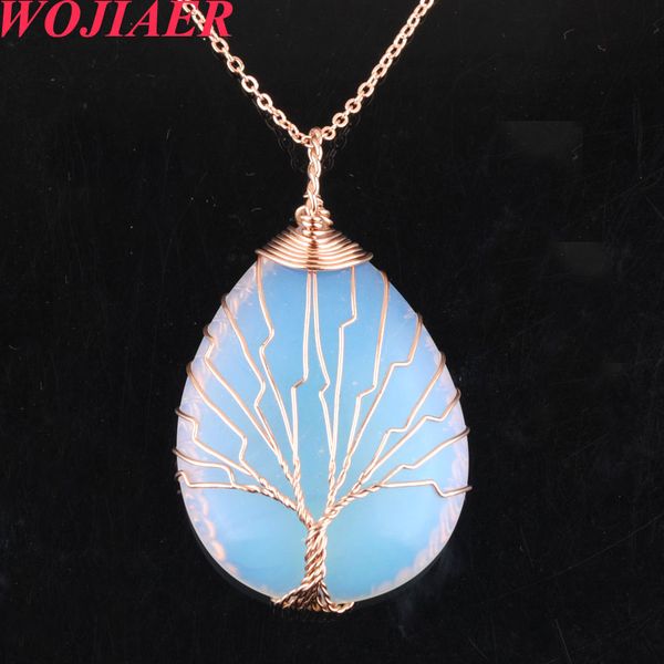 

natural water drop beads wrap wire stone necklace healing crystal quartz lapis tiger eye tree of life chain pendant bo901, Silver