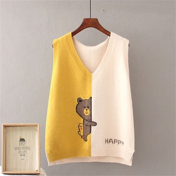 

women's vests fashion spring autumn women cartoon v-neck sleeveless sweater vest loose knit outcoat leisure student college cloth for g, Black;white