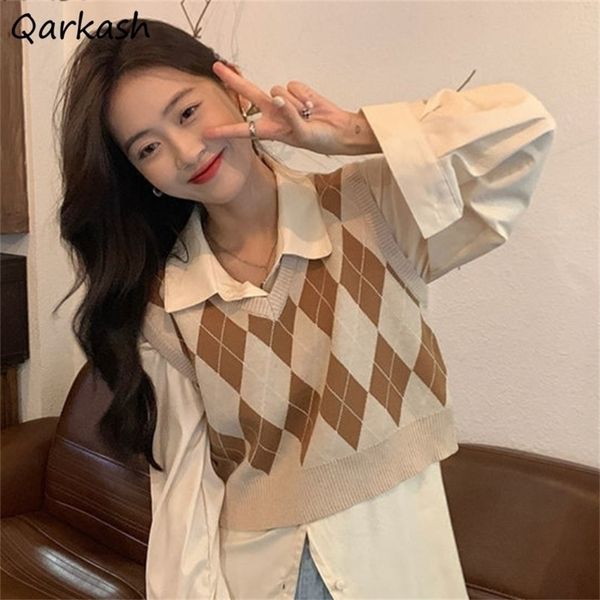 

women's vests argyle sweater women fashion sweet sleeveless v-neck knit all-match leisure retro streetwear girls chic ulzzang ins 2211, Black;white