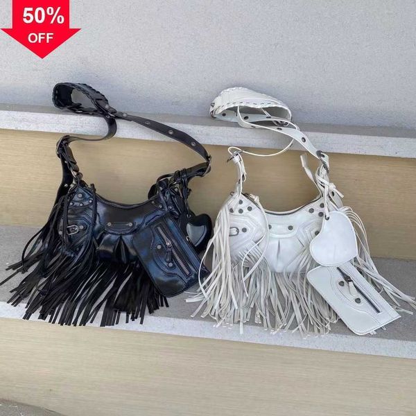 

women's luxury designer shoulder bag fashion trend rivet tassel 3-in-1 motorcycle girl portable underarm shoulder messenger handbag fac