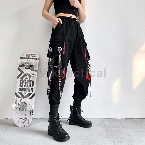 

women's pants capris women cargo harem fashion punk pockets jogger trousers with chain harajuku elastics high waist streetwear 221109, Black;white