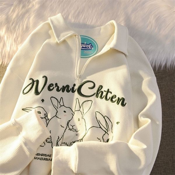 

women's hoodies sweatshirts milk rabbit embroidered waffle polo collar sweater women's early autumn thin korean version loose all-, Black