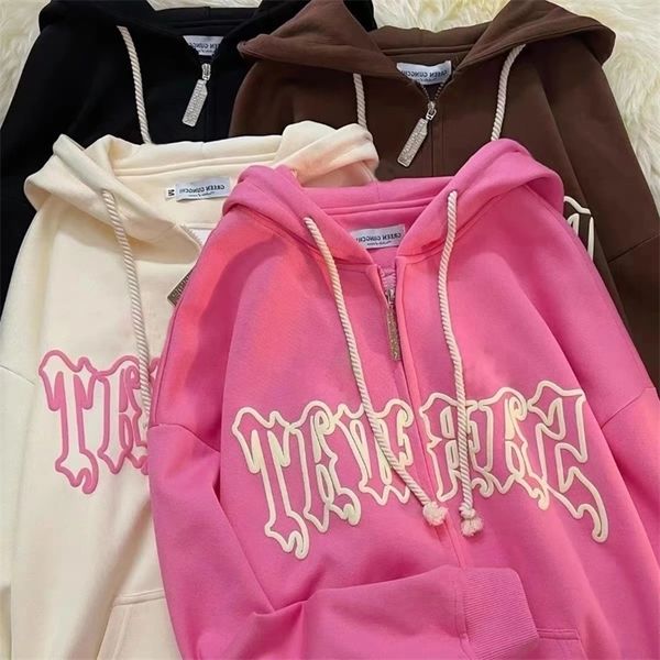 

women's hoodies sweatshirts women embroidery goth retro high street zip up loose jacket coats casual harajuku hip hop hooded y2k clothe, Black