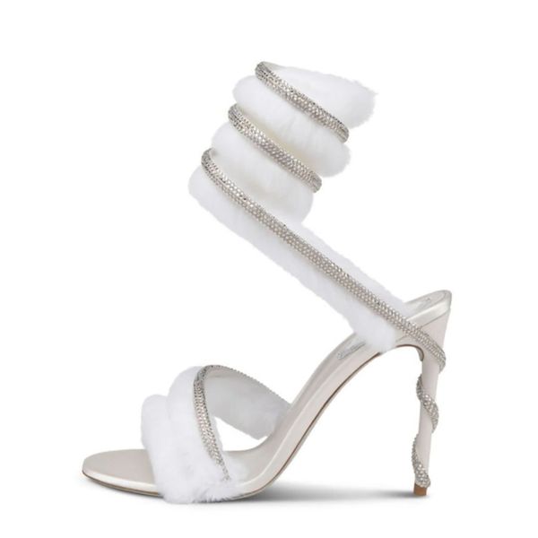 

caovilla rabbit rene hair snake shaped winding sandals shoes rhinestone evening shoes women high heeled9.5cm designers wraparound dress shoe
