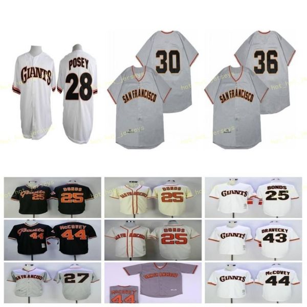

custom college wear retired 25 barry bonds baseball jersey 27 marichal 28 posey 30 cepeda 36 perry 43 dravecky 44 mccovey vintage retro coop, Black