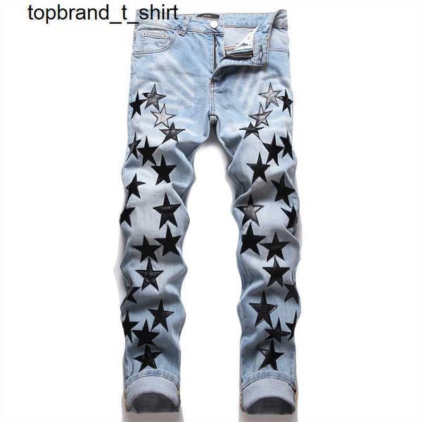 

men's jeans designer amirs slim elastic embroidered jeans men's pointed star whisker worn hole fashion streetwear jeans pants, Blue