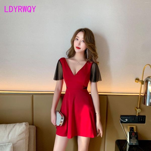 

casual dresses dress female summer short-sleeved deep v-neck waistless slimming ladies temperament evening women's clothing, Black;gray