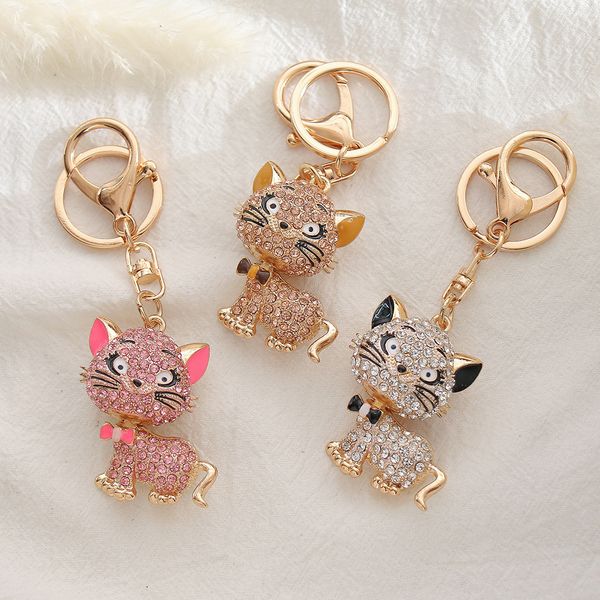 

creative diamond set cute cartoon cat keychain fashion jewelry bag keychains pendant animal key chain gift accessories, Silver
