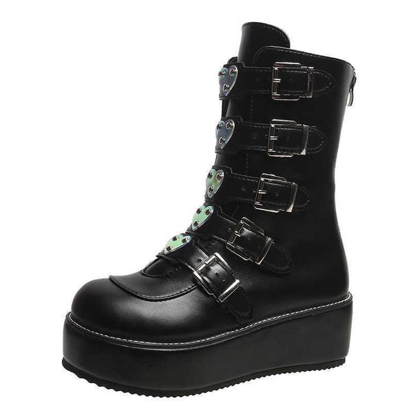 

boots 2022 brand ins demonias shoes platform heart buckle wedges high heels motorcycle mid calf boots women gothic street cool j220923, Black