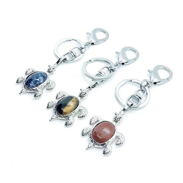 

wojiaer tigers eye turtle car key chain black obsidian quartz natural stone keyrings buckle holder reiki crystal pouch bw913, Slivery;golden