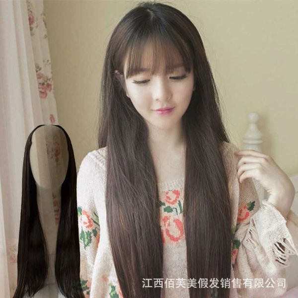 

hair lace wigs wig straight u-shaped half head girls' middle split long ffy fashion face trimming hair set, Black
