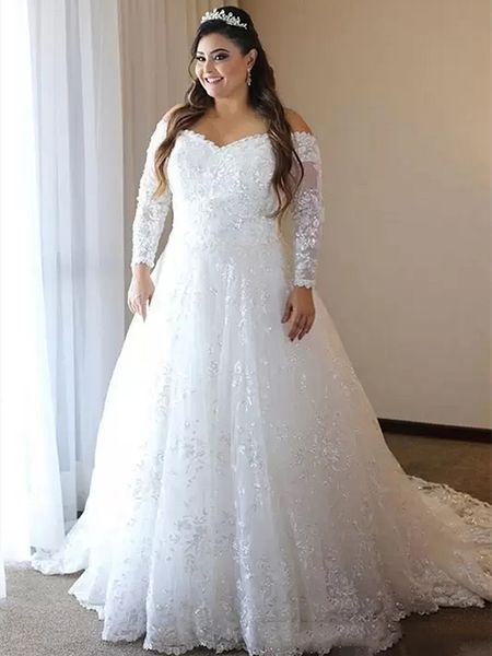 

plus size a-line wedding dresses long sleeves bridal gowns lace appliques beaded sheer back country boho bride vestido de novia 2023 ivory w, White