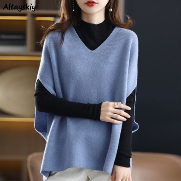 

women's vests sweater vest women autumn korean style loose knitted v-neck outerwear simple solid all-match trendy leisure harajuku eleg, Black;white