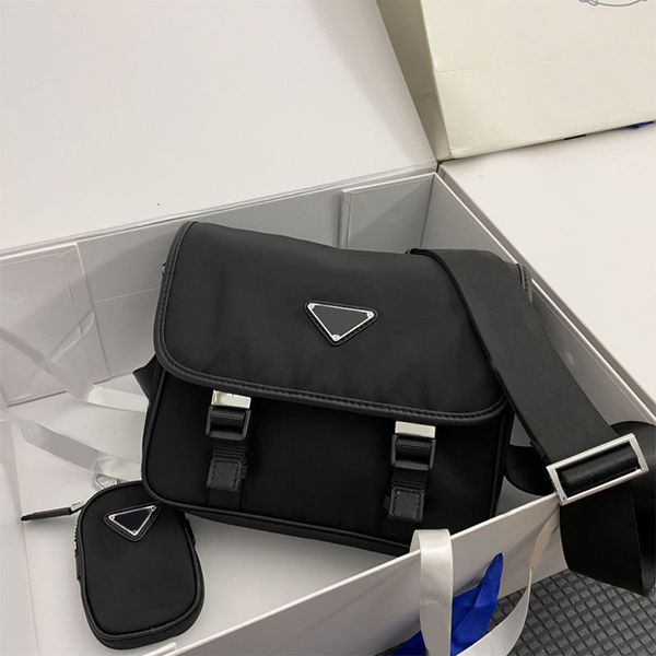 

nylon messenger bag men women shoulder bag genuine leather handbag purse fashion metal triangle removable pouch adjustable woven strap flap