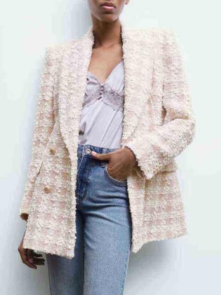 

za autumn new sweet and selfcultivating womens fashion texture doublebreasted lapel pocket casual suit jacket j220813, White;black