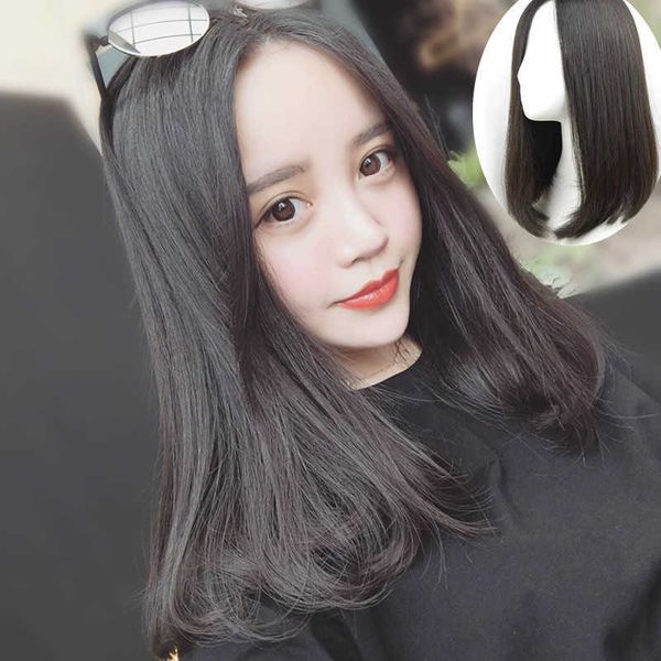 

hair lace wigs korean women's black medium long straight hair with bangs in the middle ffy pear flower head and inner buckle wig
