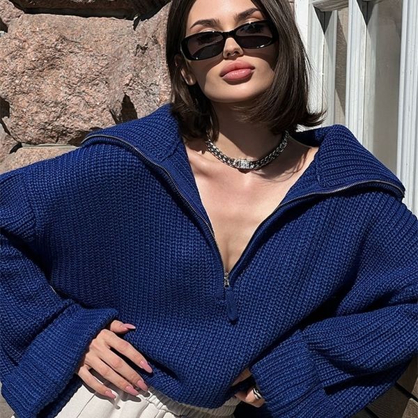 

women's sweaters winter turtleneck polo collar with zipper knitted pullover female loose long sleeve warm 221109, White;black