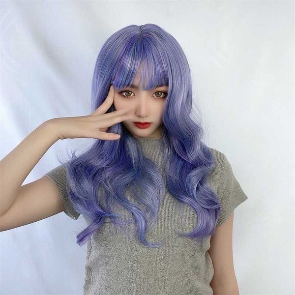 

hair lace wigs chemical fiber female color air bangs long curly hair big wave mechanism wig head cover foot, Black