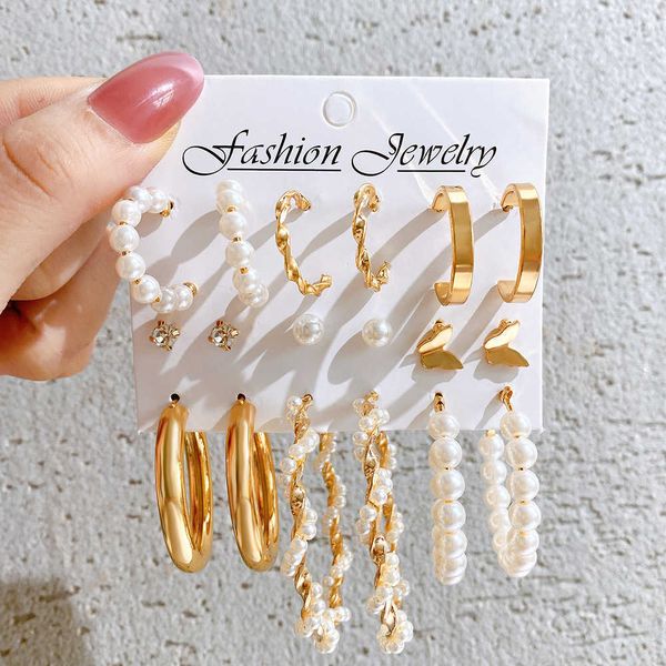 

new creative charm butterfly earrings 9-piece set simple gold c-shaped earrings female wrapped pearl, Golden
