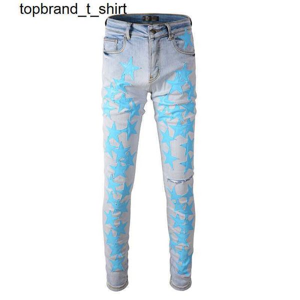 

new men's jeans designer amirs skinned star craft elastic slim fashion streetwear jeans pants, Blue