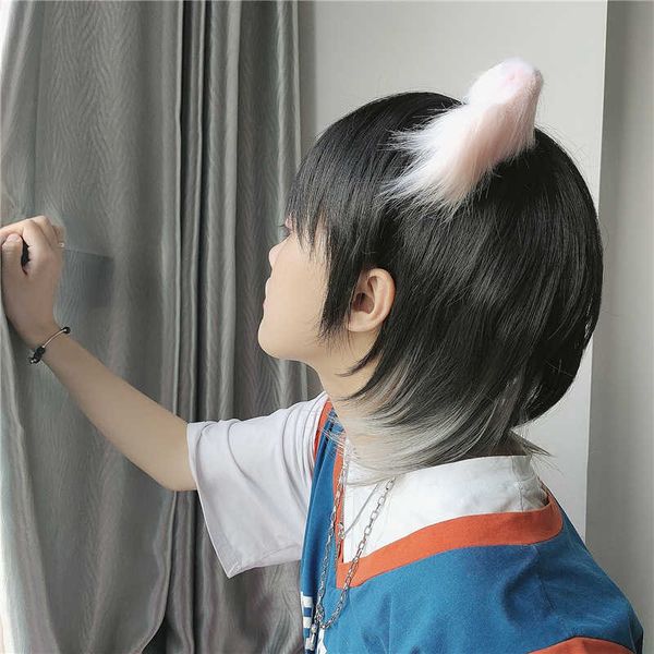 

hair lace wigs wig men pick mullet fashion handsome hanging ears dye wolf tail net red same performance super a head cover, Black