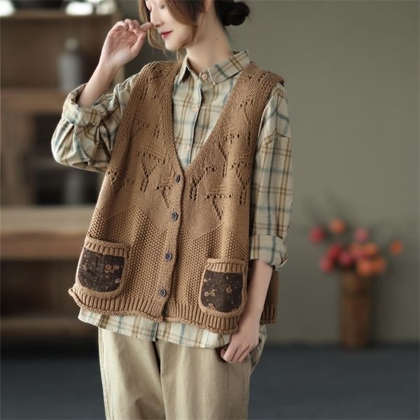 

women's vests johnature women vintage sweaters patchwork floral button v-neck sleeveless coats spring chinese style 221109, Black;white