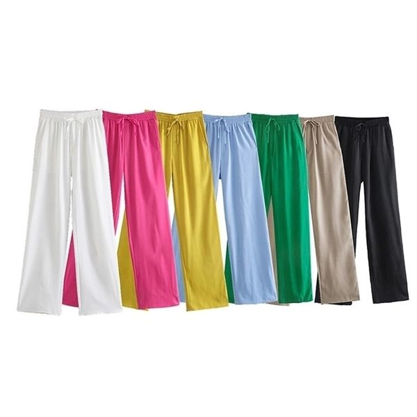 

women's pants capris traf women chic fashion side pockets loose wide leg vintage high elastic waist drawstring female trousers mujer 22, Black;white