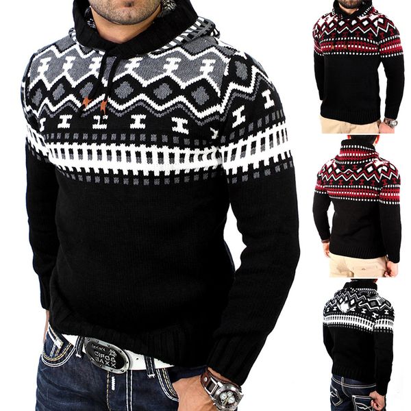 

men's sweaters sweater contrast color stitching personalized hooded slim knit knitted warm autumn casual clothing, White;black