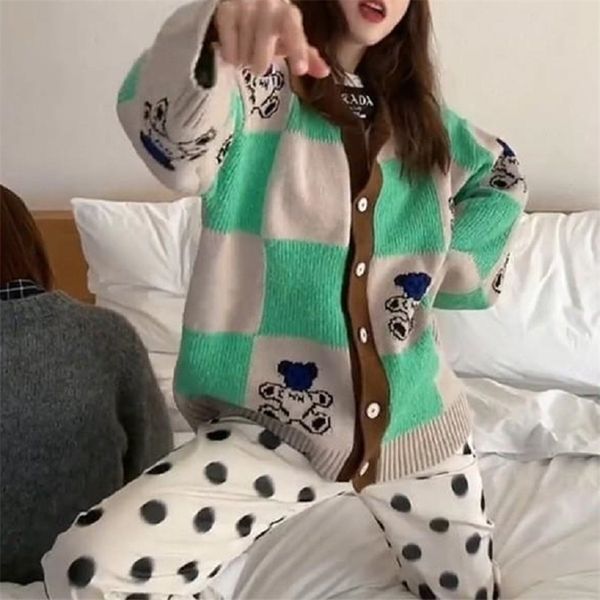 

women's knits tees deeptown korean style bear print sweater women kawaii plaid loose knitted jumper japanese fashion polo collar tracks, White