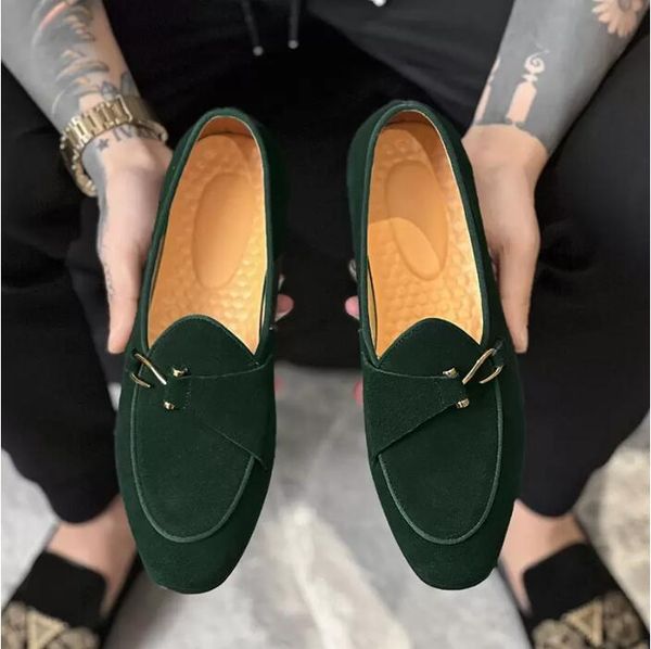 

leather shoes stylist shoes men summer casual faux suede round toe flat heel trend retro metal buckle fashion classic youth nightclub hair, Black
