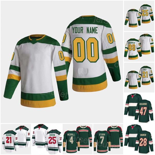 

custom 2022 man hockey reverse retro frederick gaudreau jersey jonas brodin matt boldy jon merrill brandon duhaime liam ohgren stitched hock, Black;red
