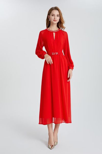 

dress fashion round neck red temperament waist chiffon long sleeve skirt, Black