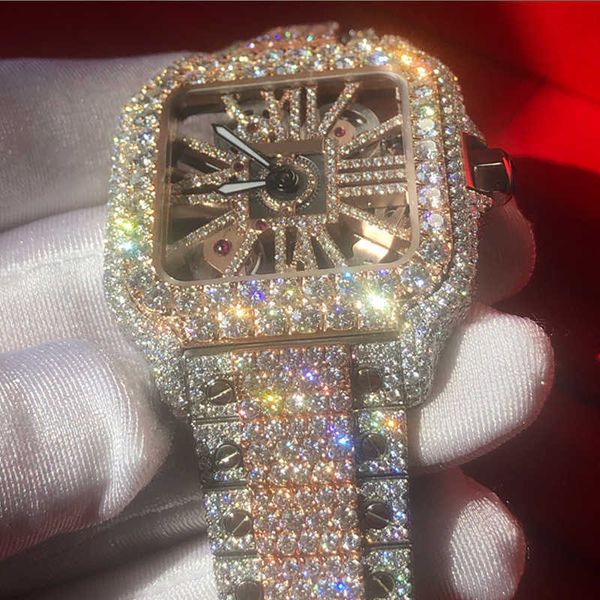 

wristwatches new version vvs1 diamonds watch rose gold mixed sier skeleton watch pass tt quartz movement men luxury iced out sapphire watch, Slivery;brown