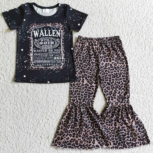 

new design baby girl clothes set singer fashion kids designer clothes girls short sleeve bell bottom outfits leopard print boutique children, White