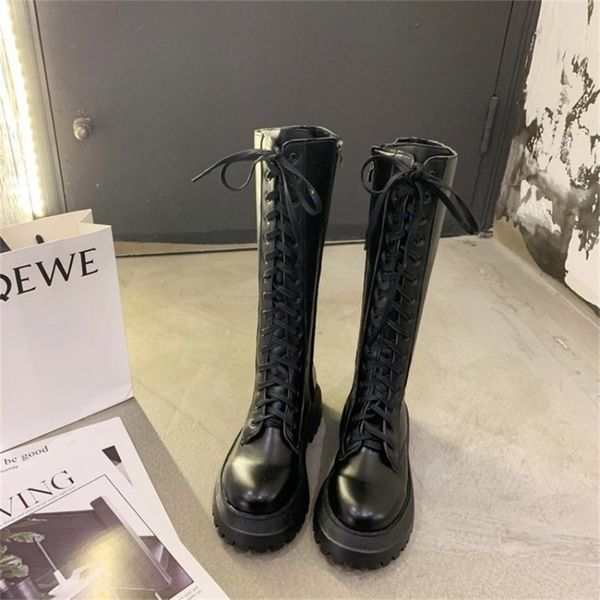 

boots women motorcycle wedges flat shoes woman high heel platform pu leather lace up black girls 221109