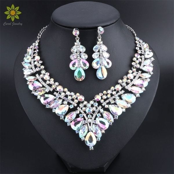 

wedding jewelry sets luxury ab color crystal necklace earrings set gifts for women dating party dresses silver accessories 221109, Slivery;golden