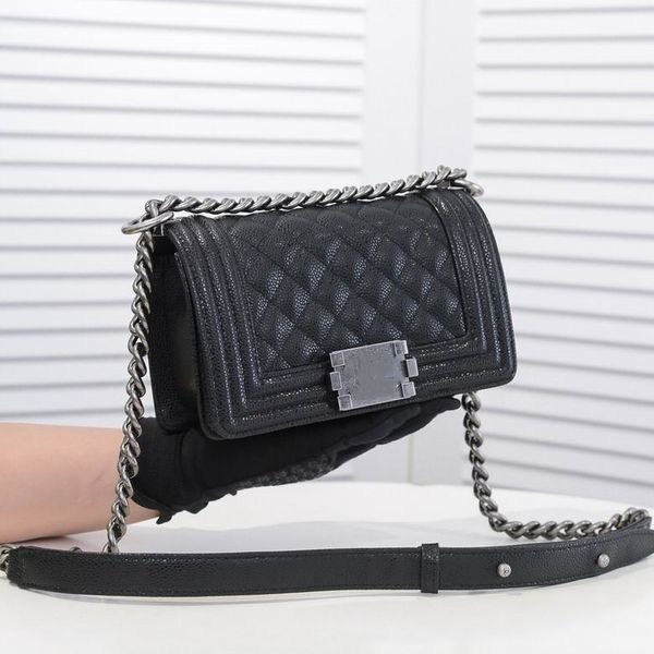 

luxury classic cross body bag black boy caviar leather mini flap bags quilted calfskin gold aged silver metal hardware chain shoulder bags v