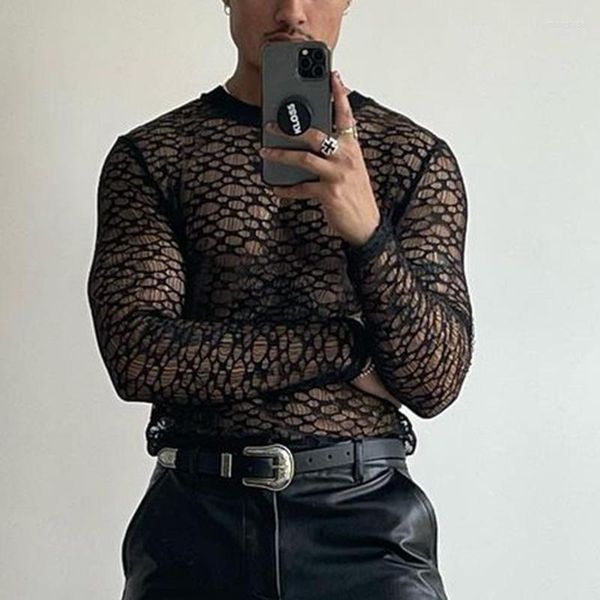 

men's t shirts autumn fashion hollow out solid crew neck long sleeve pullover basic slim see through mesh shirt men, White;black